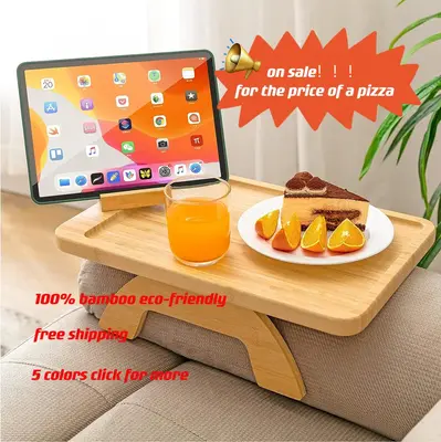 【On sale】Bamboo Sofa Arm Tray Table with Rotating Mobile Holder, Rectangular Couch Armrest Tray, Clip on Sofa Tray Table ...