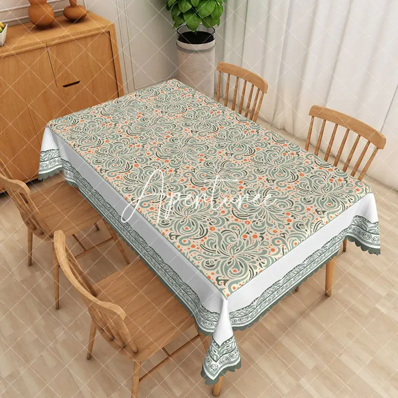 Aperturee Vintage Gren Floral White Edging Rectangle Tablecloth, 52 x 70 inch, 30.82 USD, rectangle tablecloths, ZJY05009-A