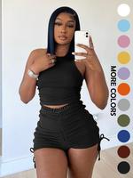 Women's Solid Color Zipper Ruched Shorts Two-piece Set, Casual Round Neck Crop Tank Top & Drawstring Side Shorts Set, Ladie...