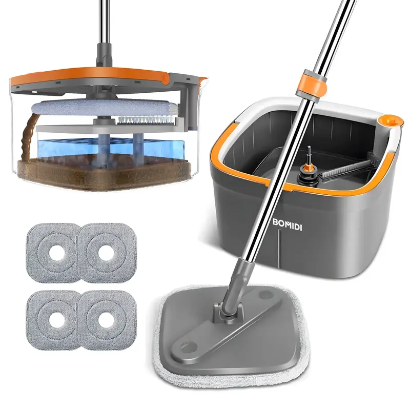 BOMIDI Spin Mop and Bucket System, Includes Spin Mop, Washable Microfiber Mop Pad, Separation dirty water from the clean wate...