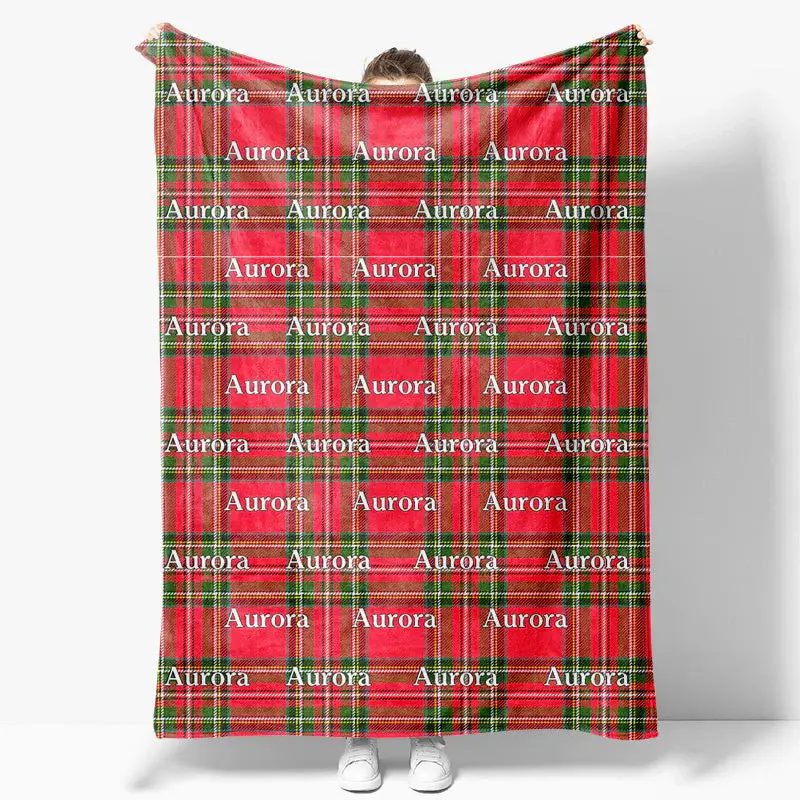 Aperturee Christmas Green Red Plaid Custom Repeat Name Blanket - Aperturee