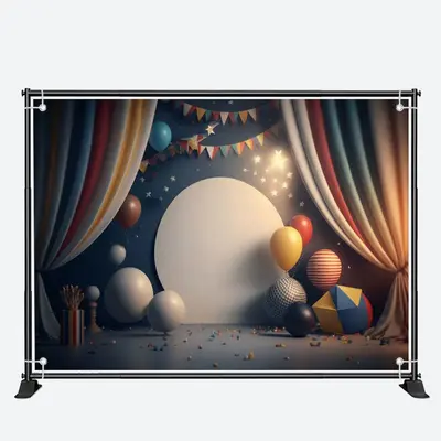Curtain Dark Blue Balloons 1st Birthday Backdrop - Aperturee