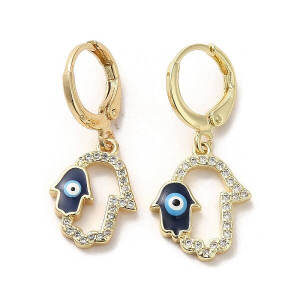 Hamsa Hand with Evil Eye Real 18K Gold Plated Brass Dangle Leverback Earrings