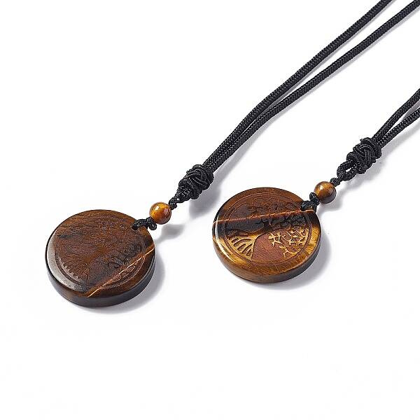 Natural Tiger Eye Flat Round with Tree of Life Pendant Necklace with Nylon Cord for Women
