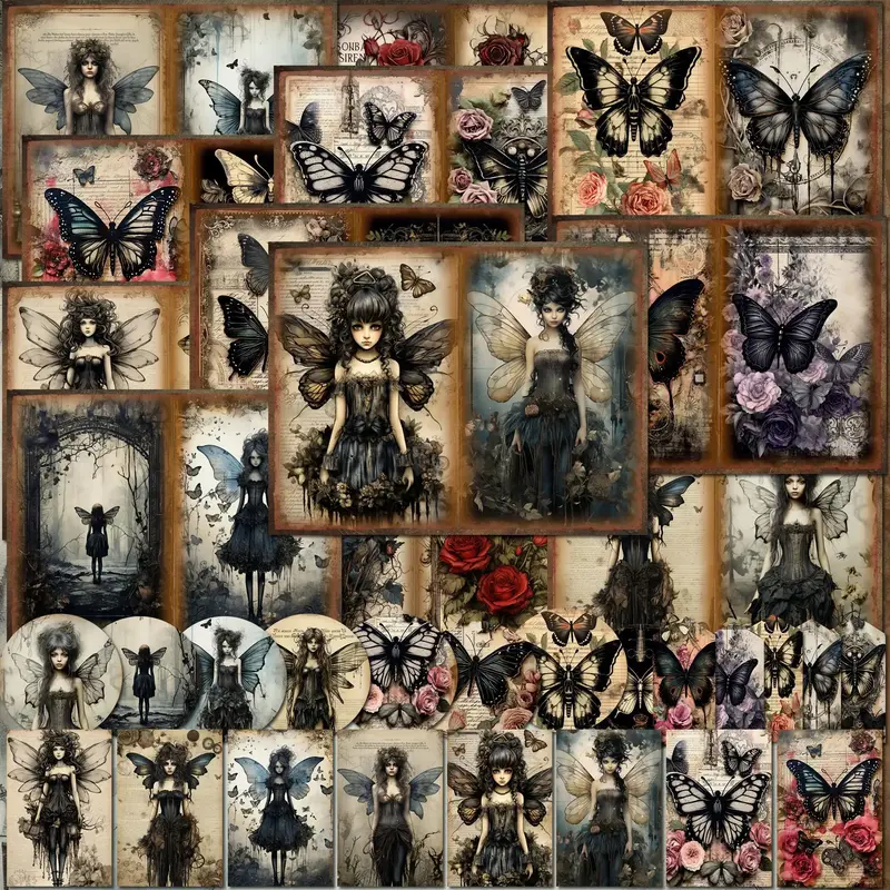 Gothic Butterfly Fairy Pattern Papers & Stickers Set, 58pcs/set Including 12pcs Scrapbook Paper & 46pcs Sticker, Perfect for ...