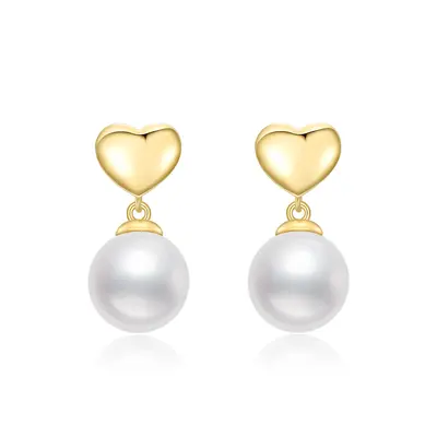 14K Gold Circular Shaped Pearl Heart Drop Earrings