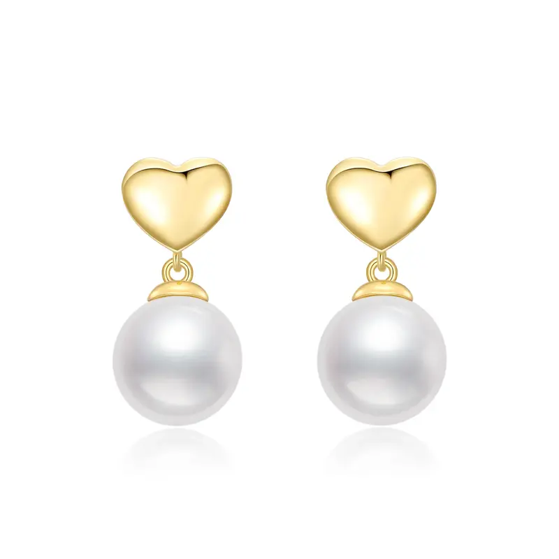 14K Gold Circular Shaped Pearl Heart Drop Earrings