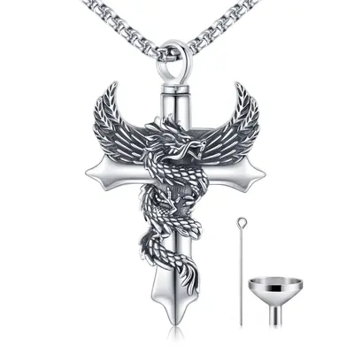 Sterling Silver Dragon With Angel Wing Cross Pendant Necklace For Men Women