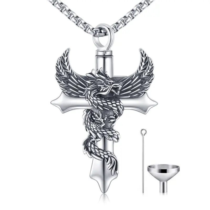 Sterling Silver Dragon With Angel Wing Cross Pendant Necklace For Men Women