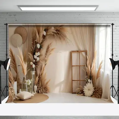 Aperturee Beige Boho Floral Pampas Grass Window Photo Backdrop