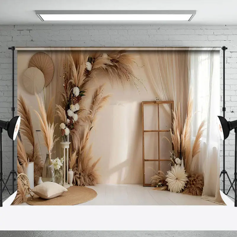 Aperturee Beige Boho Floral Pampas Grass Window Photo Backdrop