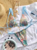 Women's Patchwork Print Bikini Set, Casual Adjustable Strap Tie Back Swim Top & Swim Bottom, Women's Swimsuit for Summer Beac...