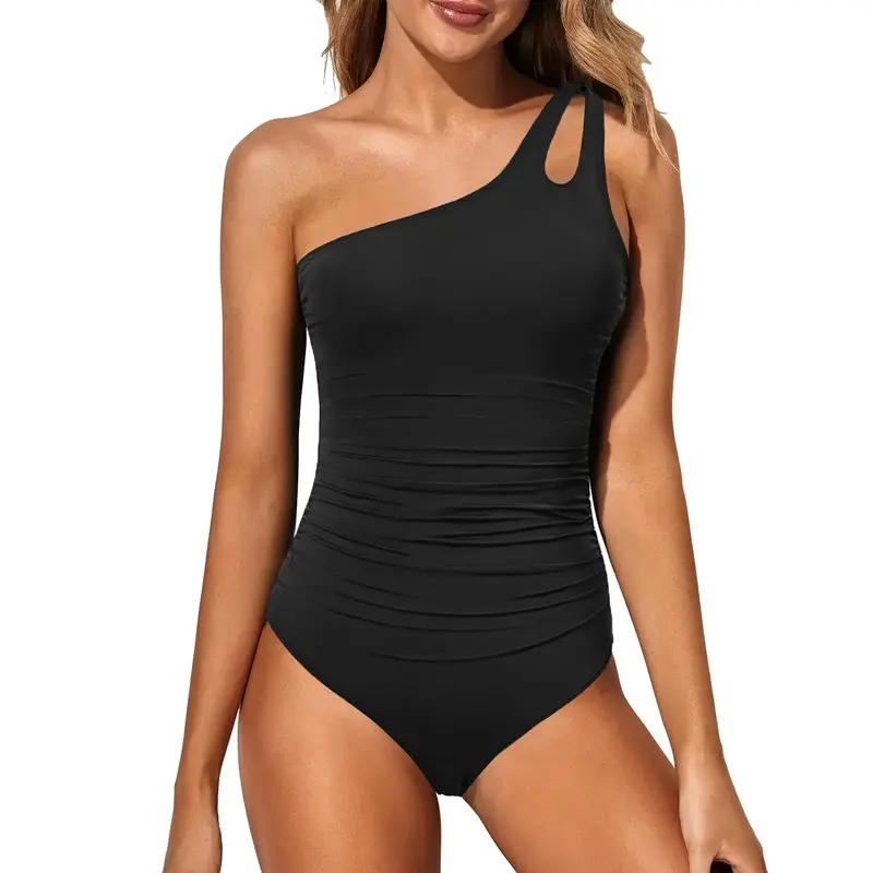 Holipick One Shoulder One Piece Swimsuit for Women Comfortable Tummy Control Bathing Suits Modest Full Coverage Keyhole Swimw...
