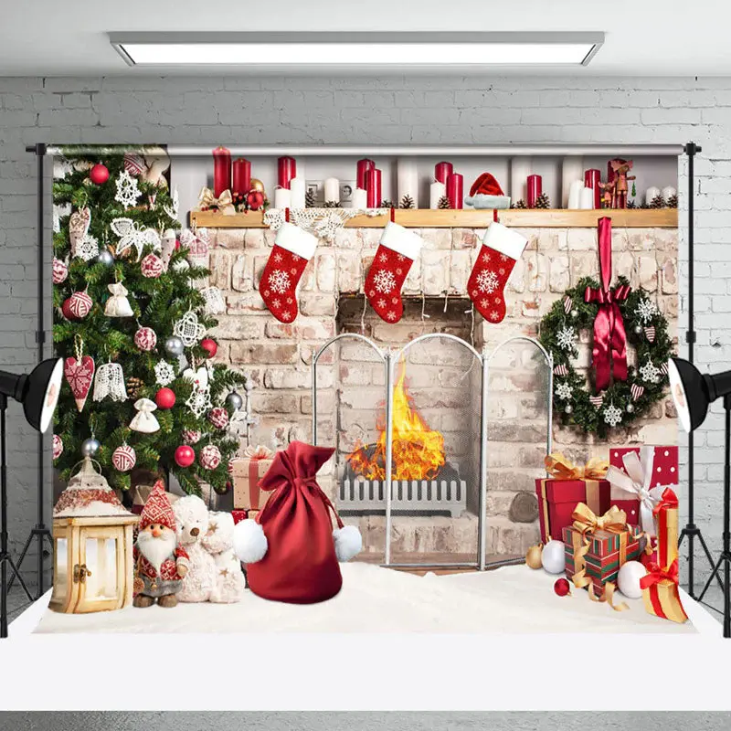 Aperturee Retro Bricks Fireplace Christmas Vibe Room Backdrop - Aperturee