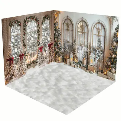 Aperturee Festive Christmas Vibe Window Snowy Room Set Backdrop | Christmas Photo Booth Backdrop | Winter Wonderland Backdrop...