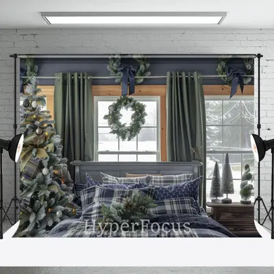 Blue Plaid Bed Curtain Window Christmas Backdrop - Aperturee
