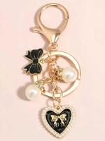 Fashion Heart & Bow & Faux Pearl Decor Keychain, Cute Keychain for Women & Girls, Keychain for Car, Key, Trendy All-match & E...