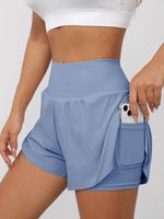 Women's 2 in 1 Solid Color Pocket Sports Shorts, Casual Comfy Breathable Skinny Shorts for Yoga Gym Workout Running, Ladies S...