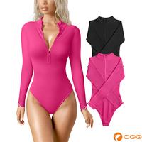 OQQ Women's 2 Piece Bodysuits Sexy Ribbed One Piece Zip Front Long Sleeve Tops Bodysuits