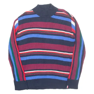 TOMMY HILFIGER Womens Patterned Jumper Maroon Striped High Neck Tight Knit L