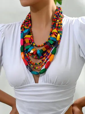 Summer Colorful Wooden Beaded Decor Layered Necklace, Boho Beaded Necklace for Women & Teen Girls, Casual Vintage Jewelry, Pu...