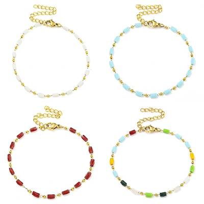 PVD Vacuum Plating 304 Stainless Steel & Glass Column Link Chain Bracelets for Women