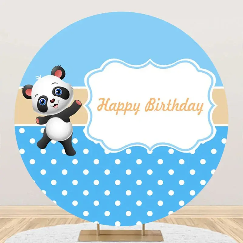 Blue White Dots Cute Panda Round Birthday Backdrop - Aperturee