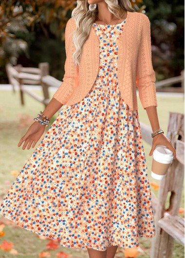Modlily Orange Ditsy Floral Print Long Sleeve Dress and Cardigan - L