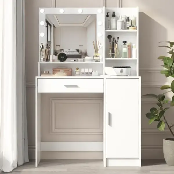 [Bellemave]Vanity Desk with Mirror & Light, Large Drawer Three Level Storage Dresser, 3 Lighting Modes Adjustable Brightness,...