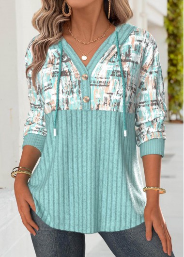 Modlily Mint Green Tummy Coverage Geometric Print Long Sleeve Hoodie - XXL