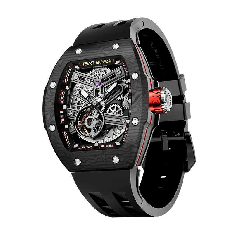 TSAR BOMBA Men's Automatic Skeleton Watch | Interchangeable Luxury Design | Black | Atomic TB8218 | Carbon Fiber