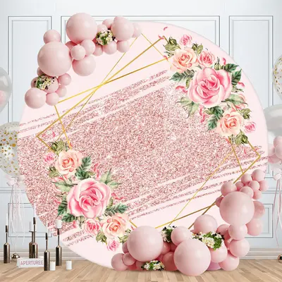 Aperturee Pink Floral Glitter Round Birthday Party Backdrops