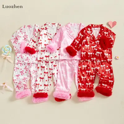 Infant and toddler baby girl sweet and cute Valentine's Day pajama set with bow print plush lapel long sleeve top and pants w...