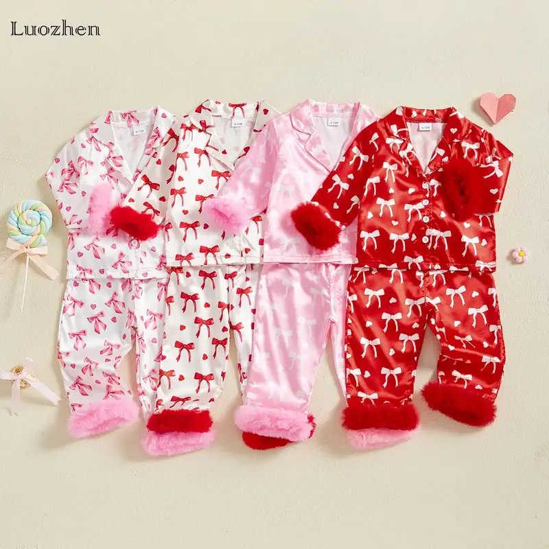 Infant and toddler baby girl sweet and cute Valentine's Day pajama set with bow print plush lapel long sleeve top and pants w...