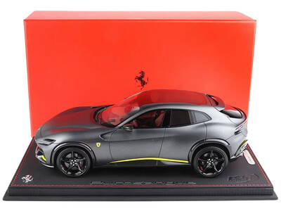 Ferrari Purosangue Matt Silverstone Gray Metallic with Yellow Stripes and Panoramic Roof with DISPLAY CASE Limited Edition to...