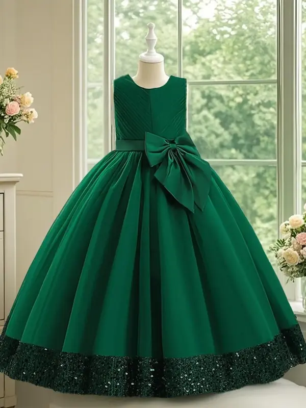 Girl's Big Bow Decor Sleeveless Sequins Party Dress, Elegant Round Neck Fit & Flare Dress for Wedding Party, Dresses for Girl...