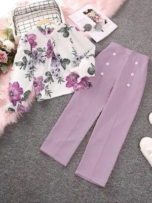 Two-Piece Set Girl's Floral Print Flounce Sleeve Plicated Blouse & Button Decor Pants Set, Casual Round Neck Long Sleeve Top ...