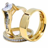 Womens 14K Gold Plated Princess CZ Engagement Ring & Men's Matching 14K Gold Plated Flat Band - Elegant Couples' Ring Set for...