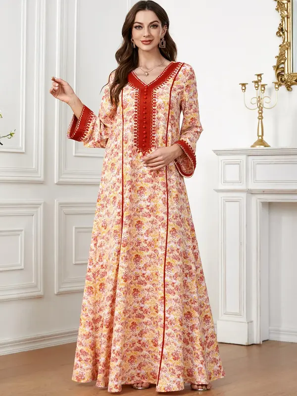 Women's Floral Print Long Sleeve Arabian Dress without Hijab, Modest Contrast Binding V Neck Dress for Women, Ladies Dress fo...