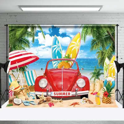 Red Car Sandy Beach Palm Trees Summer Photo Backdrop - Aperturee