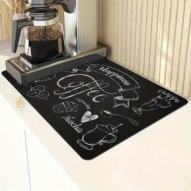 Coffee Printed Dish Drying Mat, 1 Piece Non-slip Draining Pad, Wear-resistant Coffee Machine Mat, Placemat for Countertop Din...