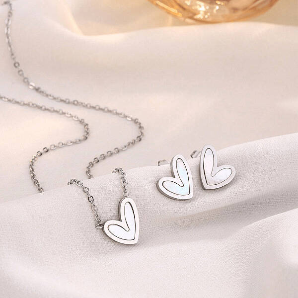 Heart Stainless Steel & Natural Shell Pendant Necklaces & Stud Earrings Sets
