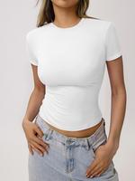 Women's Solid Shortsleeve Round Neck Tee, Casual Slim-fitting Short Sleeve T-shirt, Ladies Summer Clothes for Daily Wear, Paj...