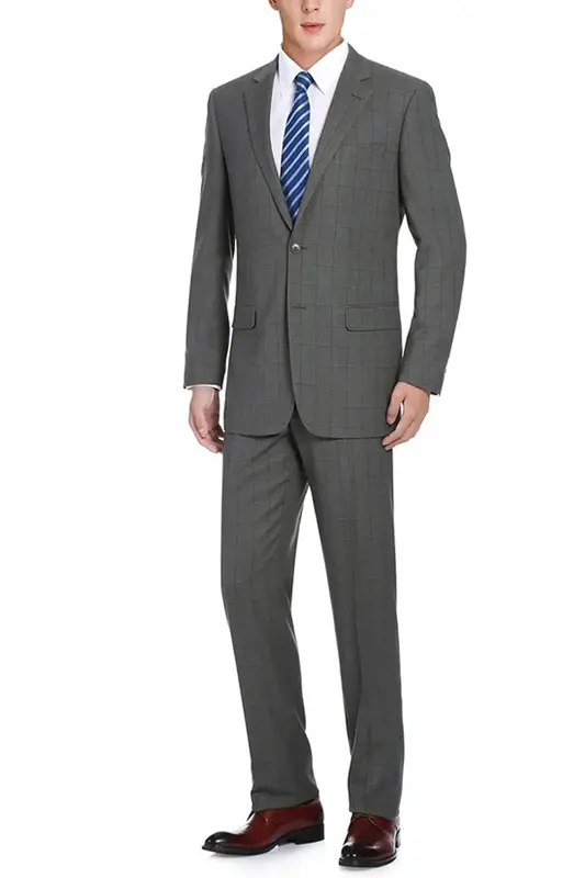 Grey Windowpane Plaid Men's Two Button Classic Fit Suit