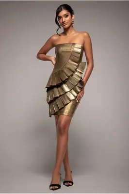 Goddiva Fan Pleated Boobtube Scuba Crepe Mini - Gold