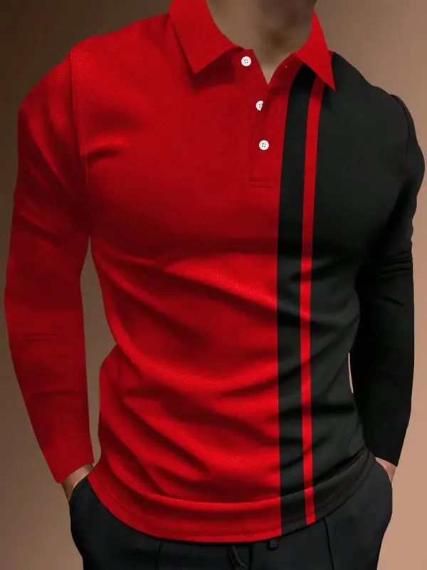 Men's Patchwork Print Half Button Fitted Polo Shirt, Regular Fit Casual Longsleeves Collared Top, Polo Shirts Men, Fall Outfi...