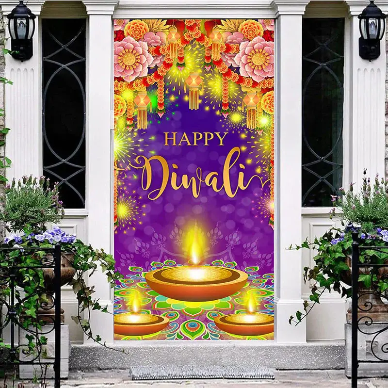Aperturee Festive Purple Floral Lamp Happy Diwali Door Cover | Diy Front Door Decor Ideas | House Front Door Cover | Door Dec...