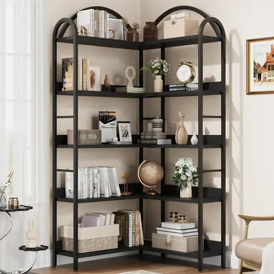 Garvee Corner Bookshelf Industrial Bookcase, L Shaped Bookshelf Arched 5 Tier Corner Shelf, Large Bookshelf with Metal Frame,...