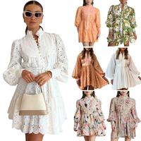 Roiii Women Casual Loose Flowy Swing Shift Dresses Orange Pink Dress Button Down Bell Sleeve Dresses V Neck Embroidery Party ...