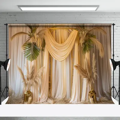 Curtain Boho Feather Monstera Cake Smash Backdrop